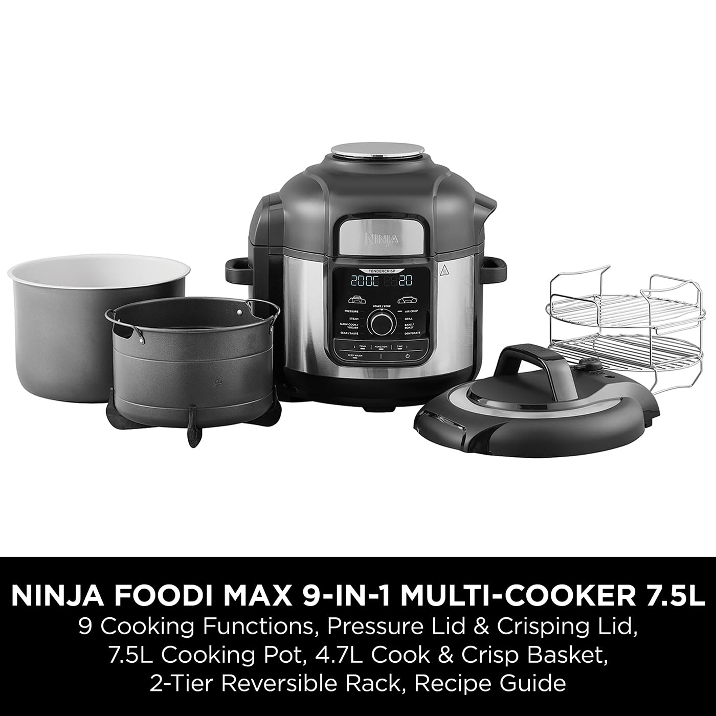 Ninja Foodi MAX Multi Cooker, 7.5L with 9 Cooking Functions, Pressure Cook, Air Fry, Slow Cook, Grill and more, Brushed Steel & Black, OP500UK