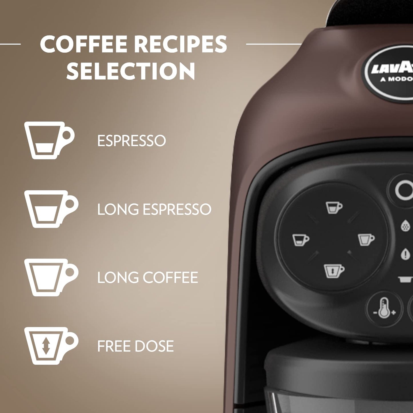 Lavazza, A Modo Mio Deséa Coffee Capsule Machine, Compatible with A Modo Mio Coffee Pods, Touch Interface, Sound Alerts, Automatic Shut-Off, Dishwasher-Safe Components, 1500W, 220-240V, Walnut