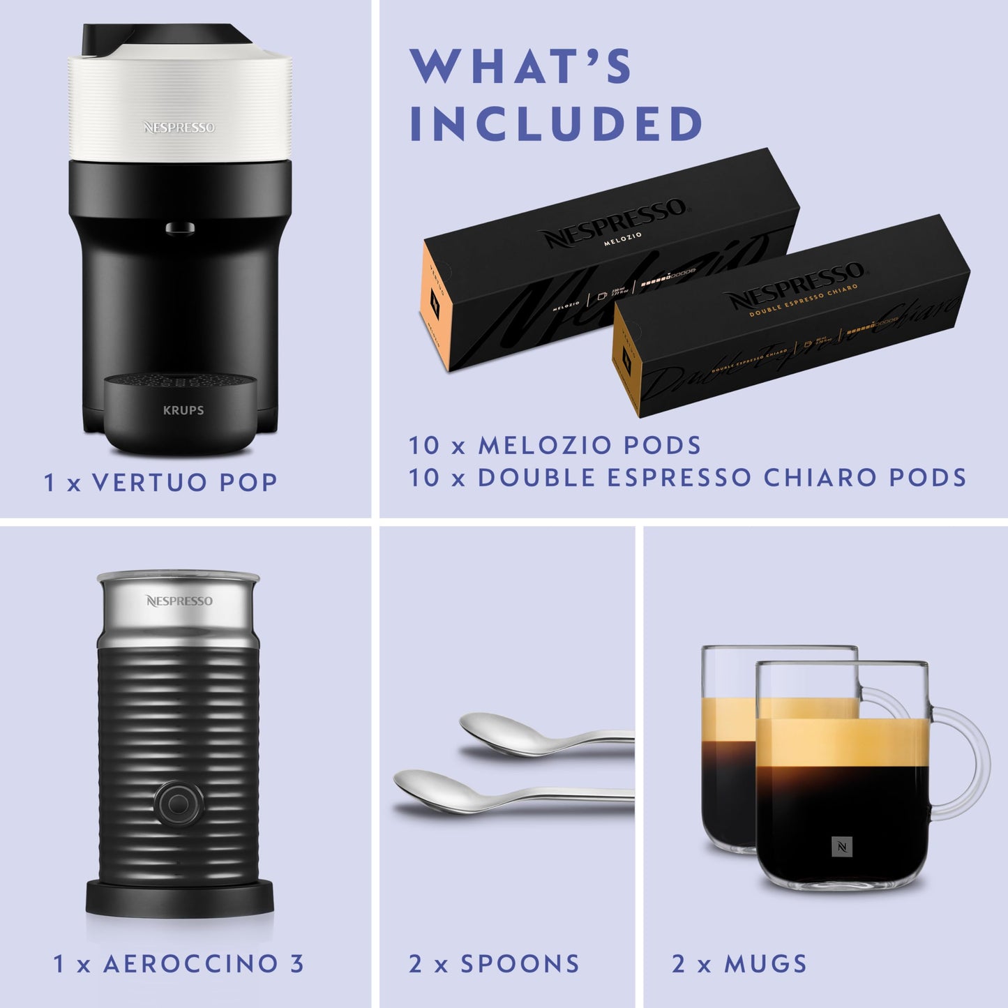 Nespresso Coffee Machine Baritsa Bundle includes Vertuo Pop White by Krups, Milk Frother, 2xNespresso Mugs, 2 x spoons, Melozio Nespresso coffee pods & Chiaro Nespresso coffee pods