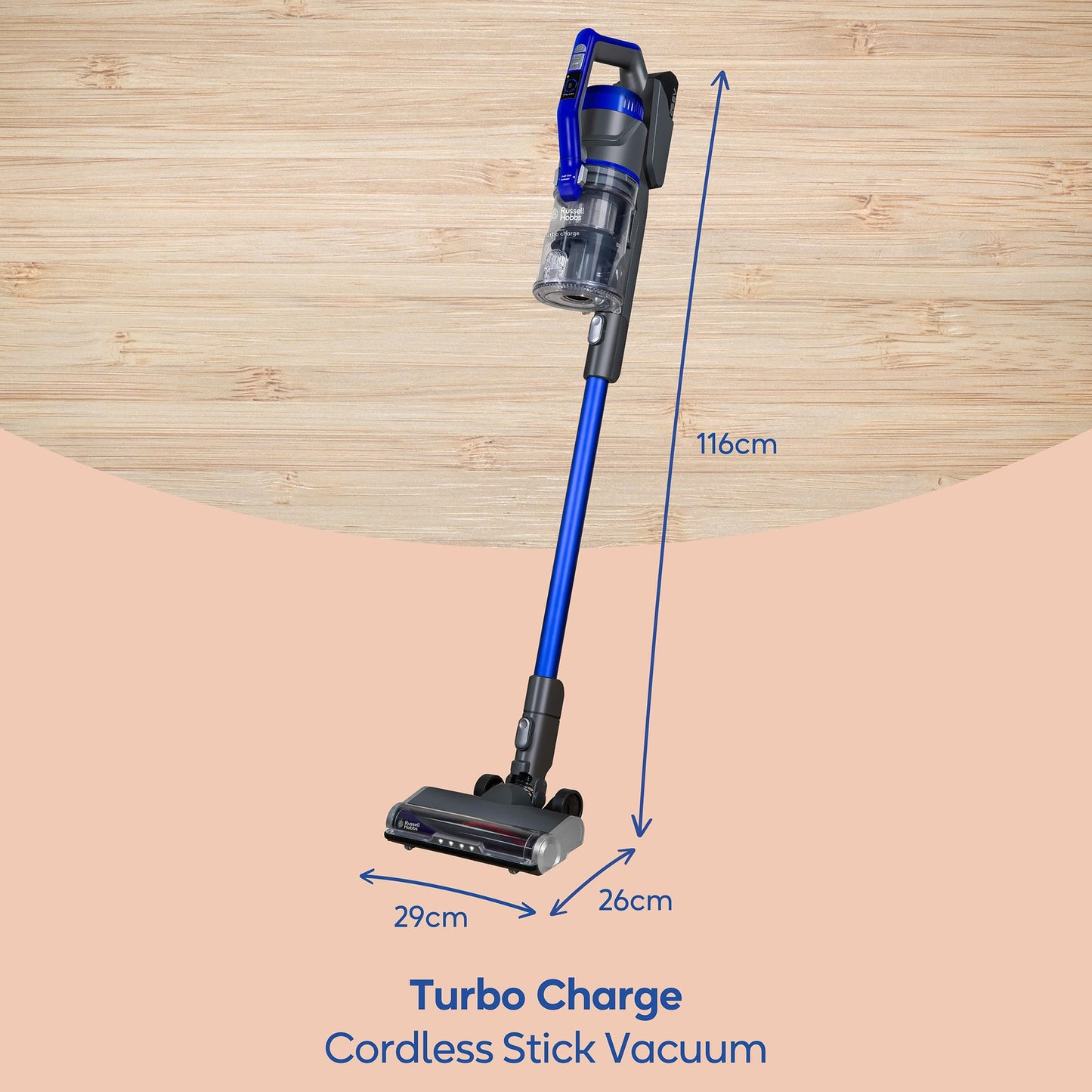 Russell Hobbs Cordless Stick Vacuum Cleaner Hoover 550W, 28.8V 2 Hour Quick Charge 60 Min Run Time, 28 KPA Bladeless Motor, 2 in 1 Multi Tool Turbo Charge Grey & Blue, For Carpet, Pet Hair RHHS5101